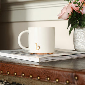 COLLECTIVE HOME monogram mug 15oz close-up shows gold-plated lettering for a luxe look