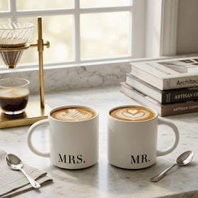 COLLECTIVE HOME MR & MRS mugs close-up showing ceramic finish for everyday use