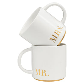 COLLECTIVE HOME Mr. & Mrs. mug pair with gold accents for elegant wedding gifting.