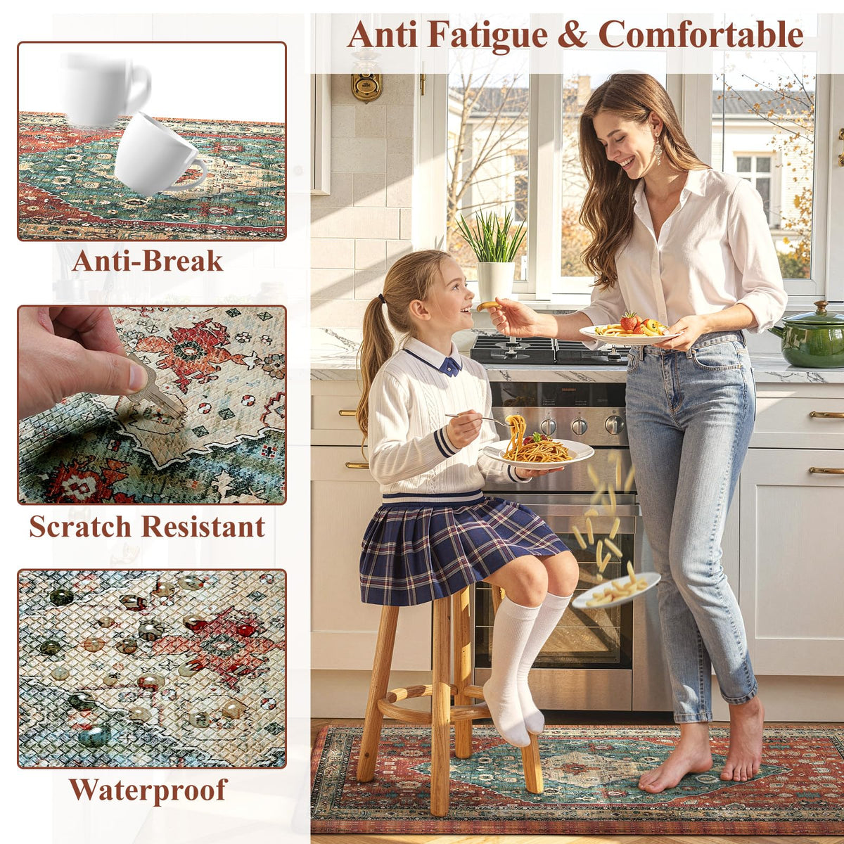 Collive kitchen mat set enhances decor in kitchen, laundry, or office.