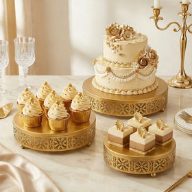 Coloch golden cake stand sturdy construction supports dense desserts securely.