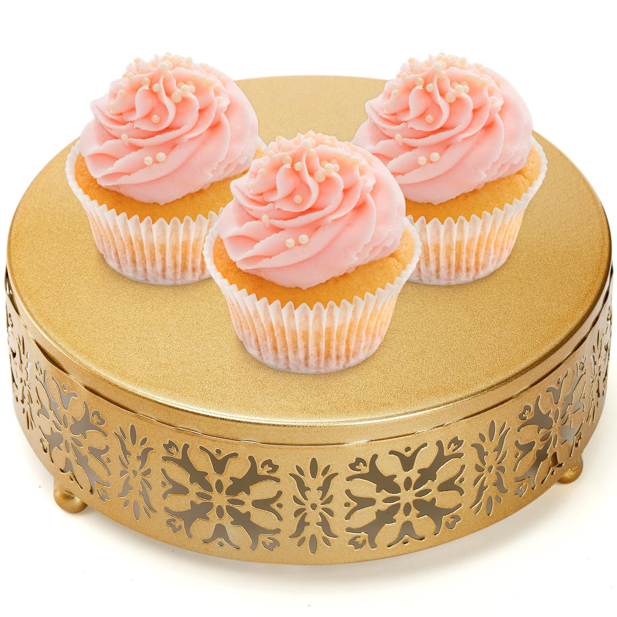 Coloch golden cake stand finish catches light for a shimmering centerpiece.