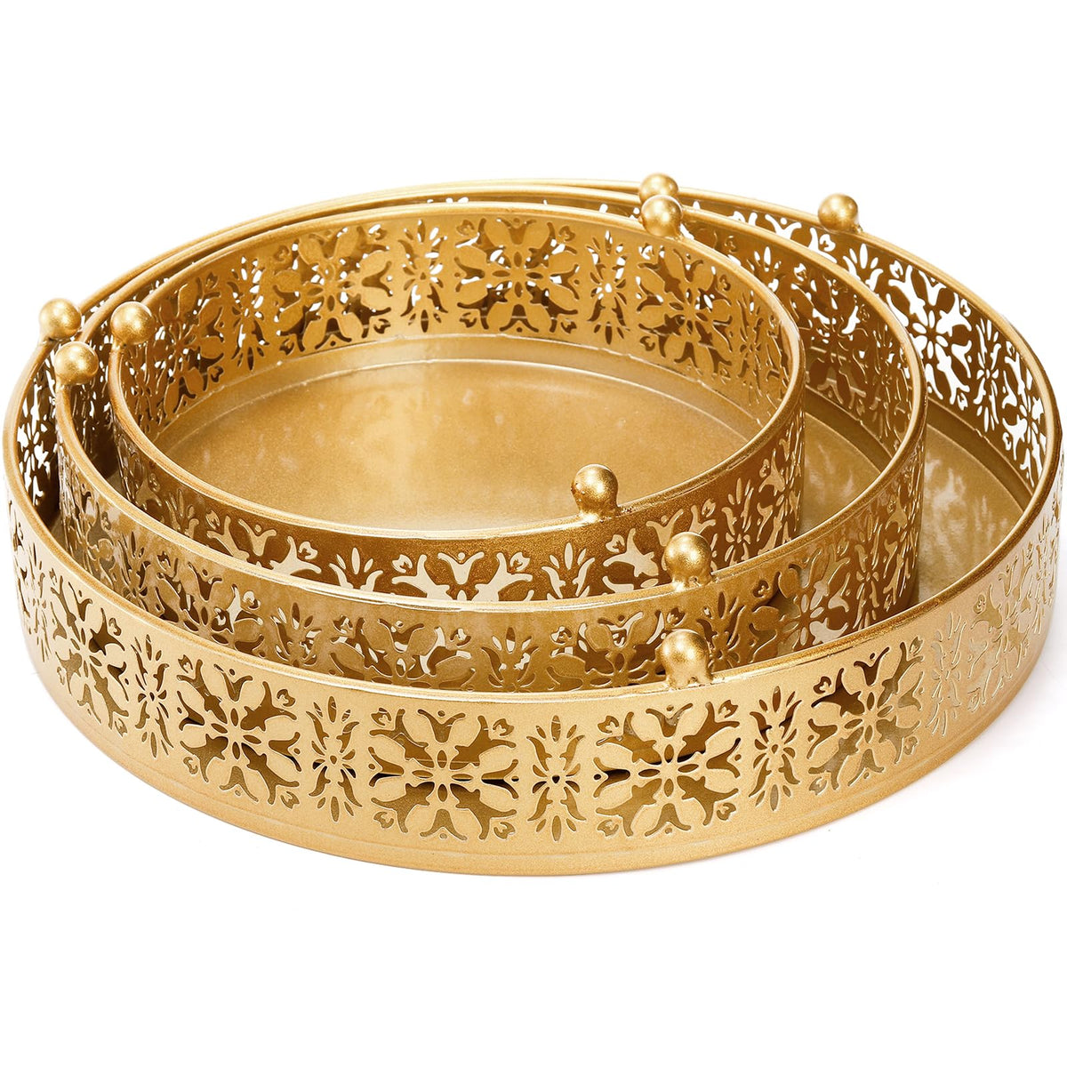 Coloch golden cake stand side-pattern showcases floral detailing.