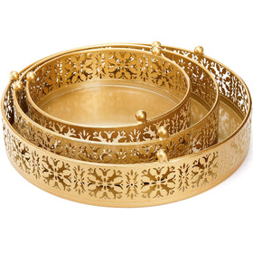 Coloch golden cake stand side-pattern showcases floral detailing.