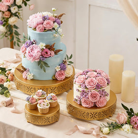 Coloch golden cake stand displays cupcakes beautifully at gatherings.