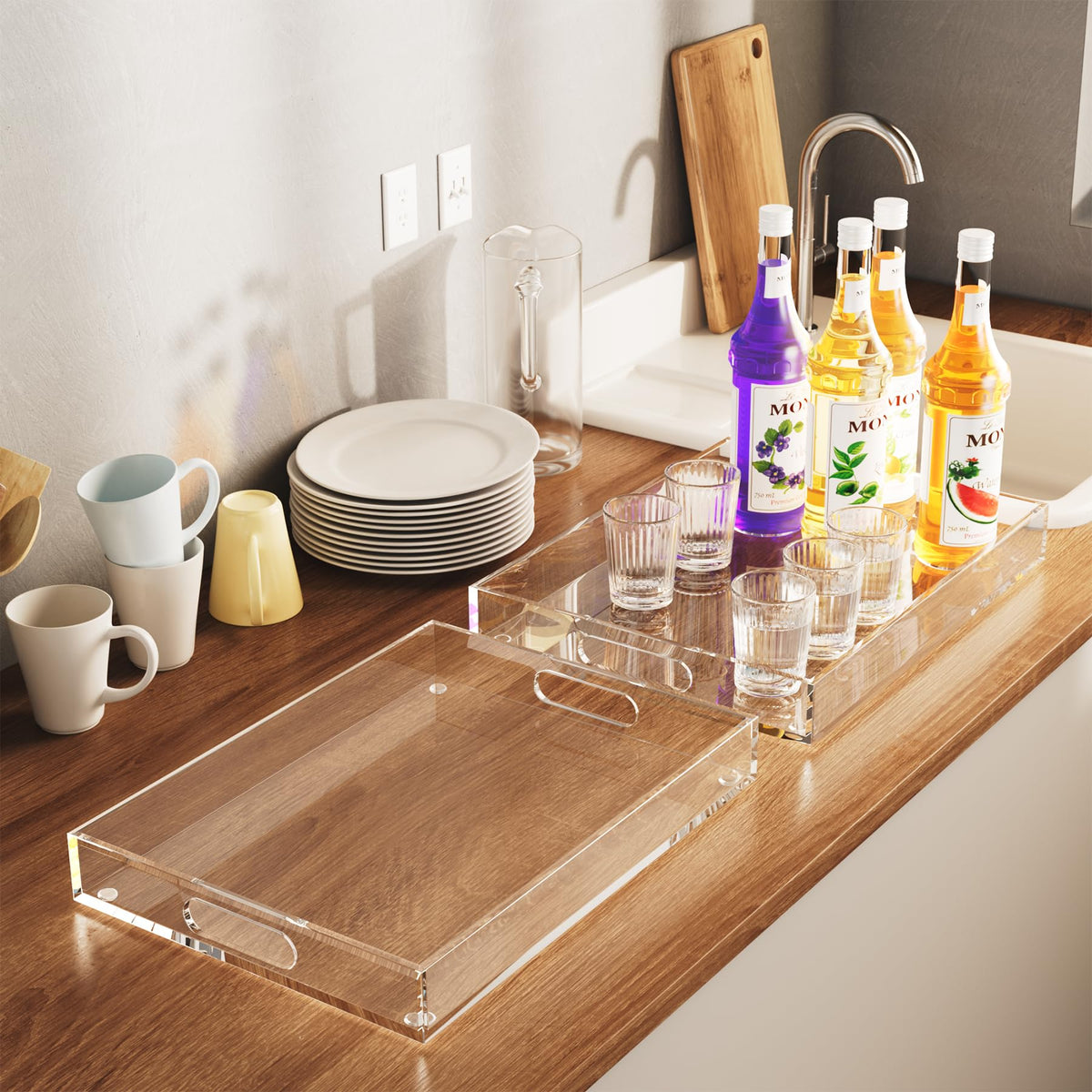 Collwait tray for appetizers and drinks keeps items organized and presentable.