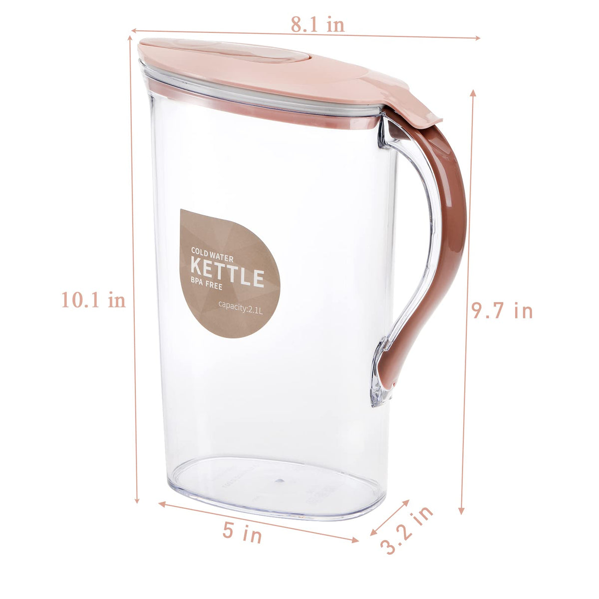 Coloch pitcher with angled spout to reduce drips during pouring.