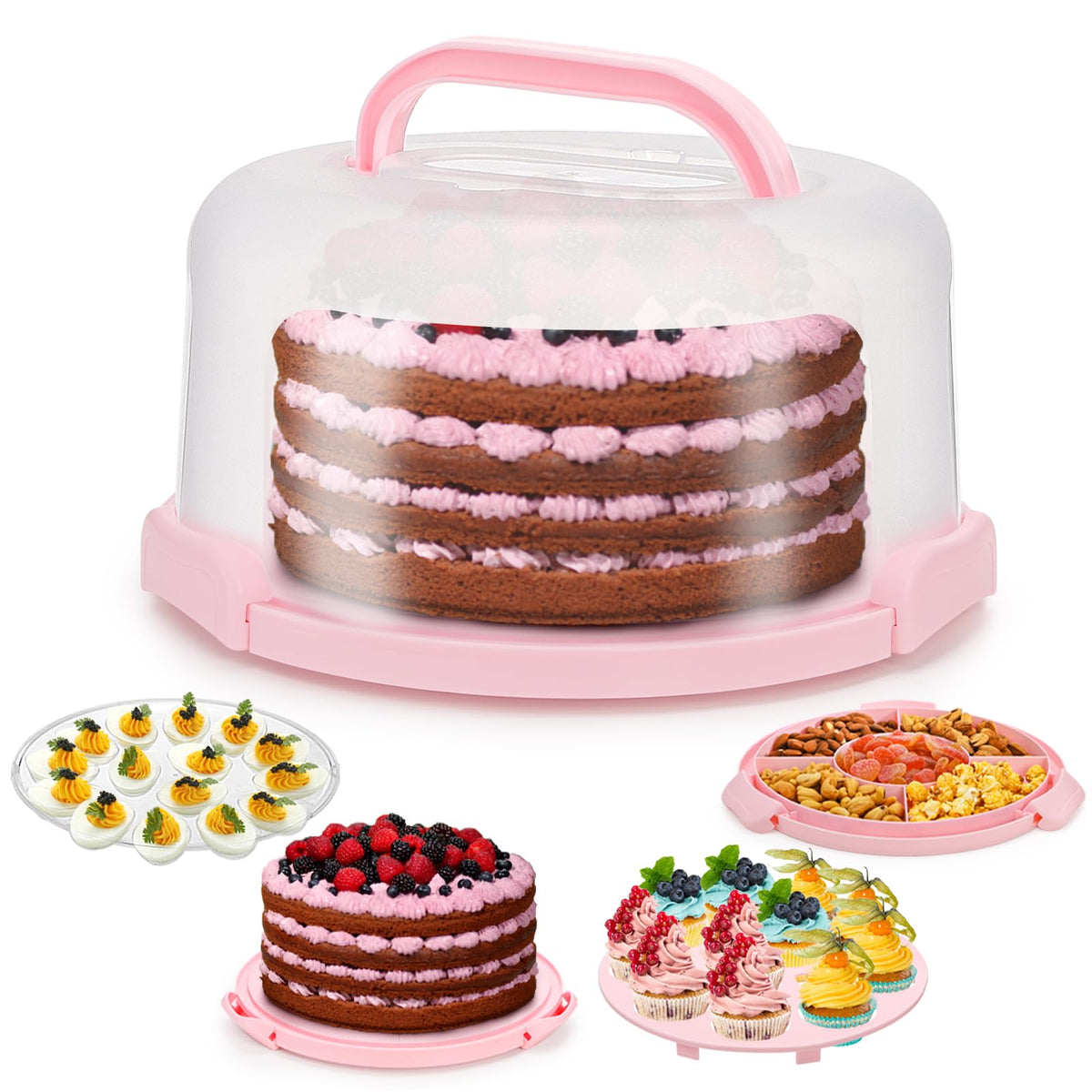 Coloch cake carrier with lid and handle keeps cakes secure during transport.