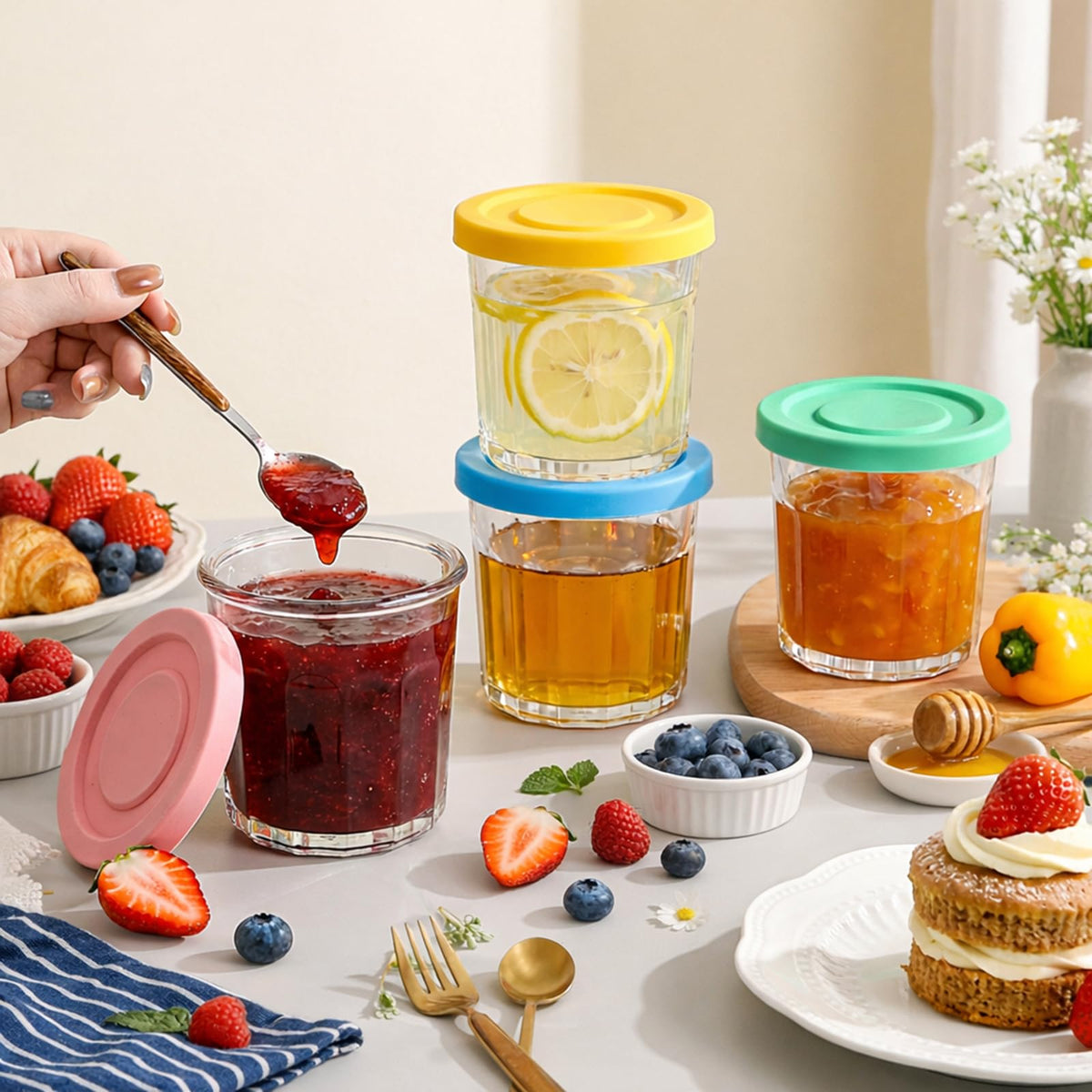 Coloch colorful lids add a playful touch while keeping jars neatly sealed.