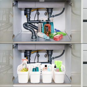 Coloch multi-functional storage bins for bottles, wraps, and personal care items.
