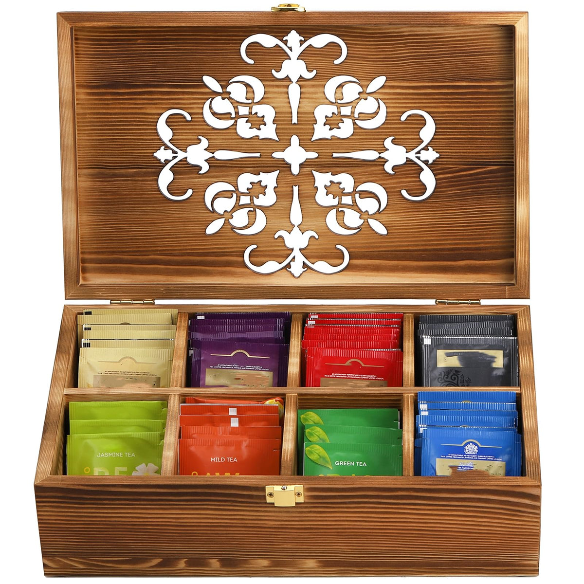 Coloch eight-compartment design keeps tea bags, sugar, and creamers organized