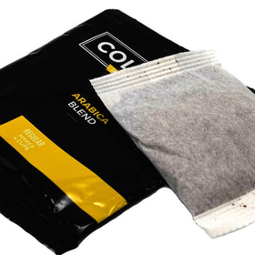 Colonial Coffee Roasters 150-count box of pre-measured filterpacks for hotels and offices.
