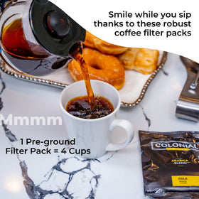 Colonial Coffee Roasters dark roast Arabica flavor with bold aroma.