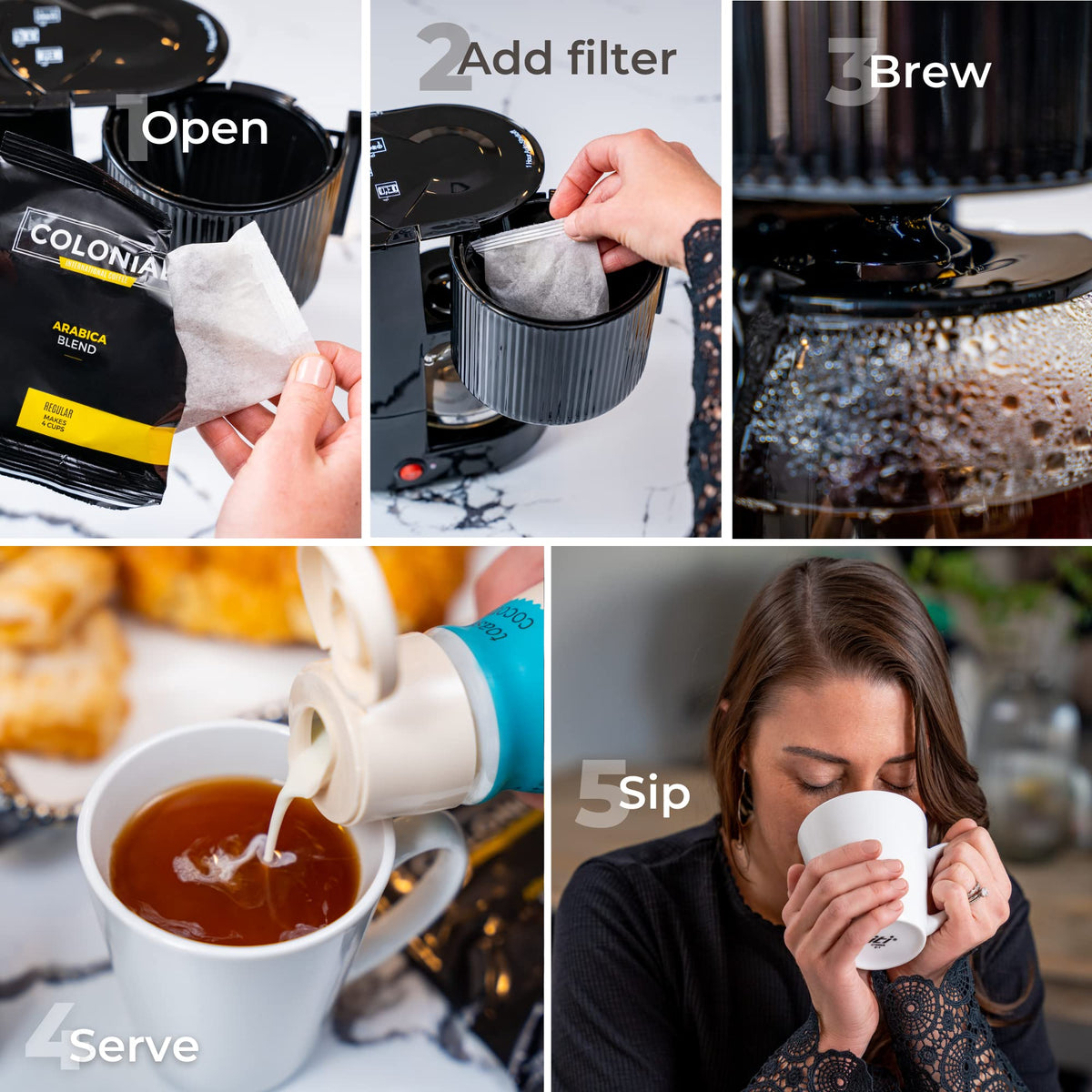 Colonial Coffee Roasters filterpacks simplify brewing with standard 4-cup machines.