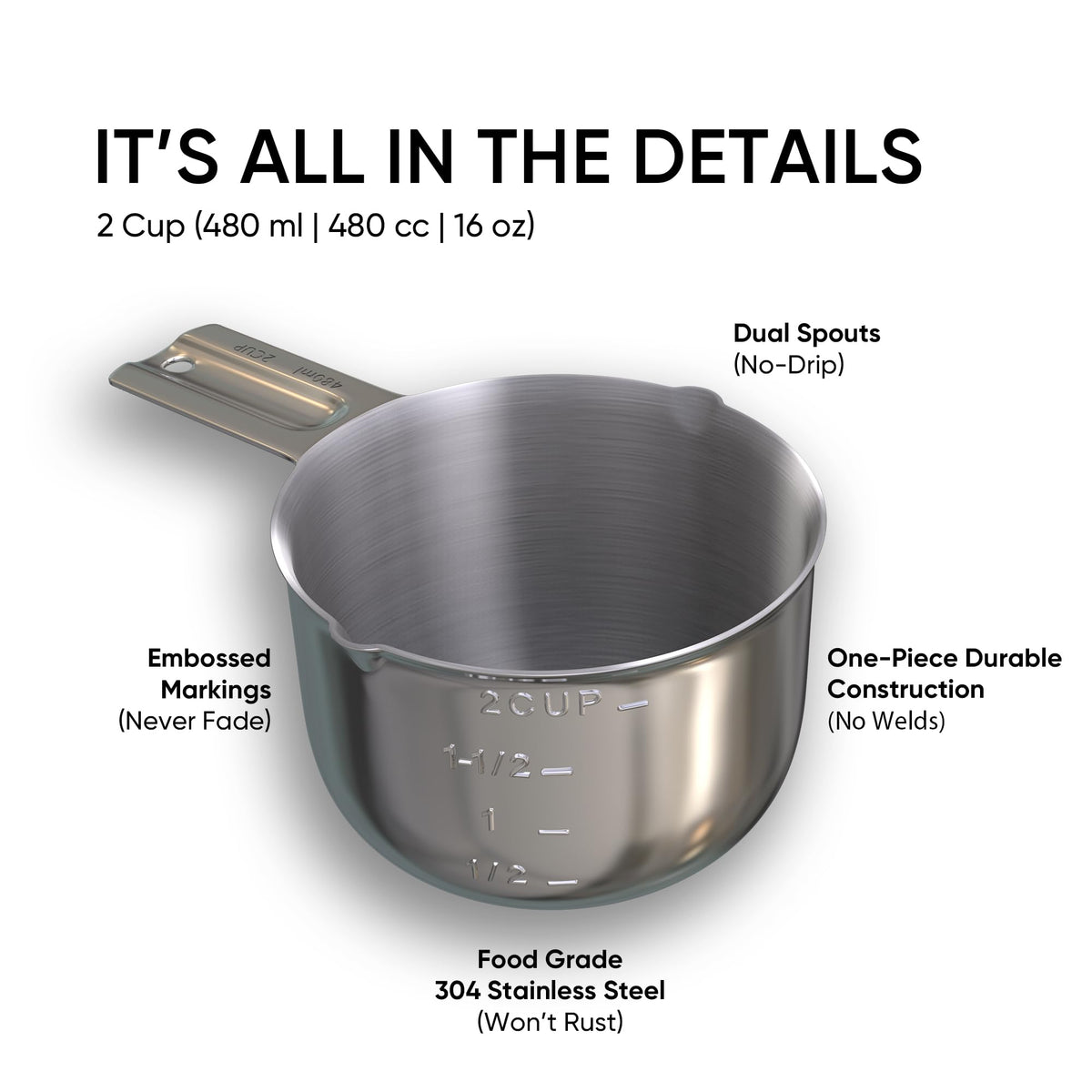 Color Up 2 Cup Measuring Cup ergonomic handle stays cool and comfortable