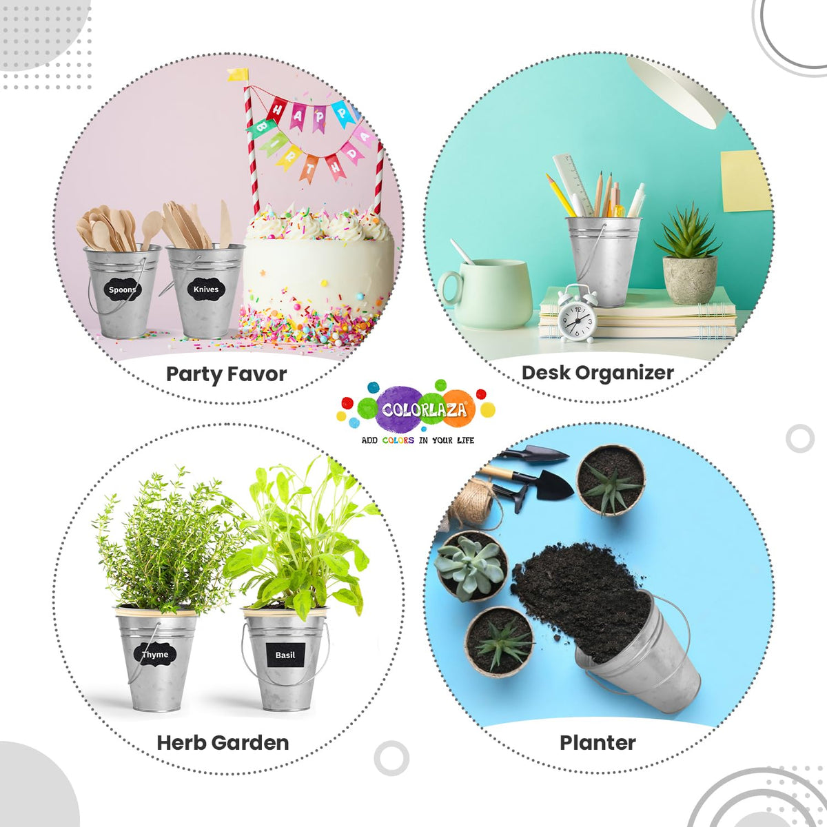 Colorlaza rust resistant bucket set for flowers, pencils, or candy.
