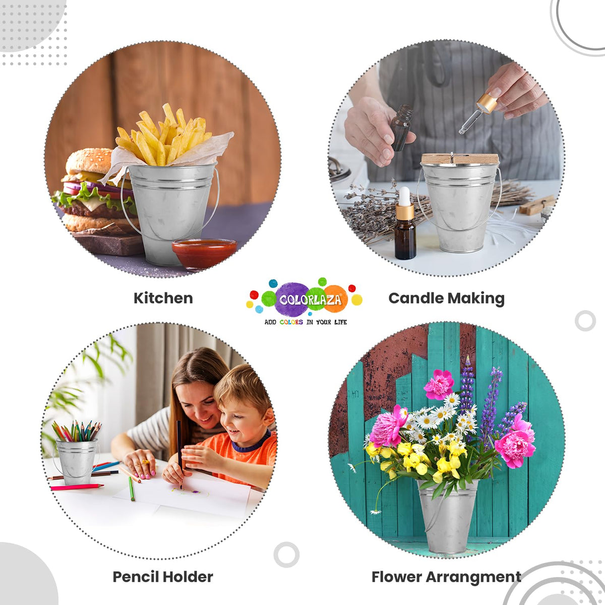 Colorlaza weatherproof galvanized pails suitable for indoor and outdoor use.
