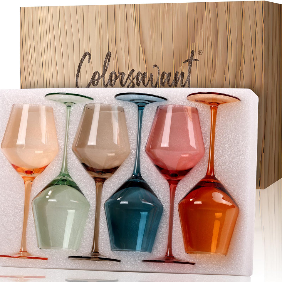 Colorsavant multicolor stemmed wine glasses 16oz for elegant table styling.
