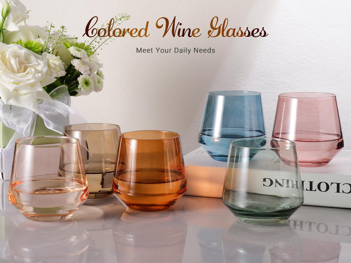 Colorsavant multi-color stemless wine glasses brighten any table and resist tipping.