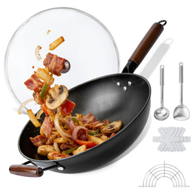 Colourcoco carbon steel wok 13-inch with lid for high-heat cooking.