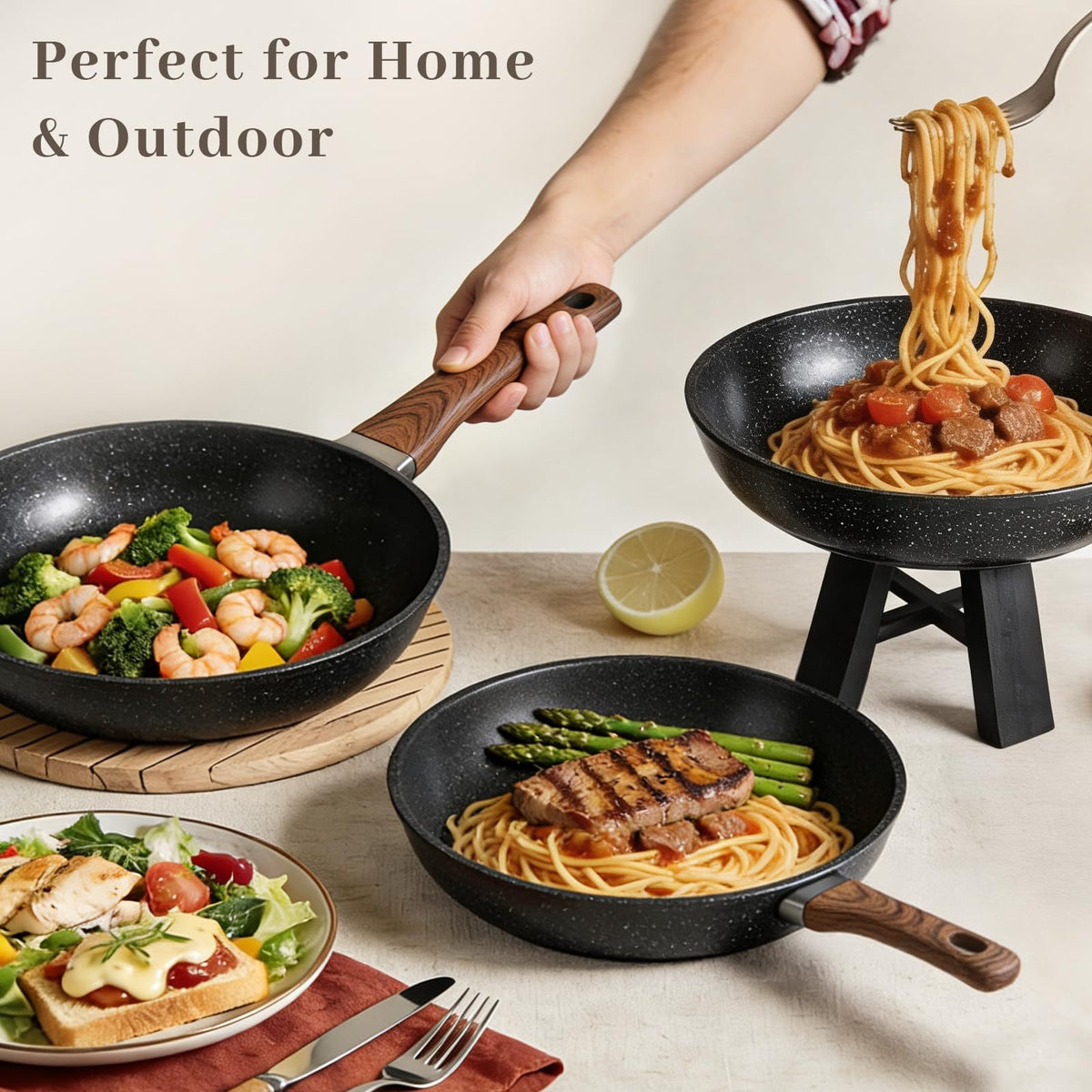 Colourcoco complete 9 piece set includes pans spatula colander and trivets.