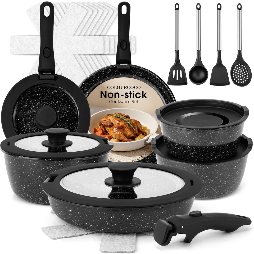 Colourcoco pots and pans set assembled, showcasing space-saving kitchen design for small spaces.