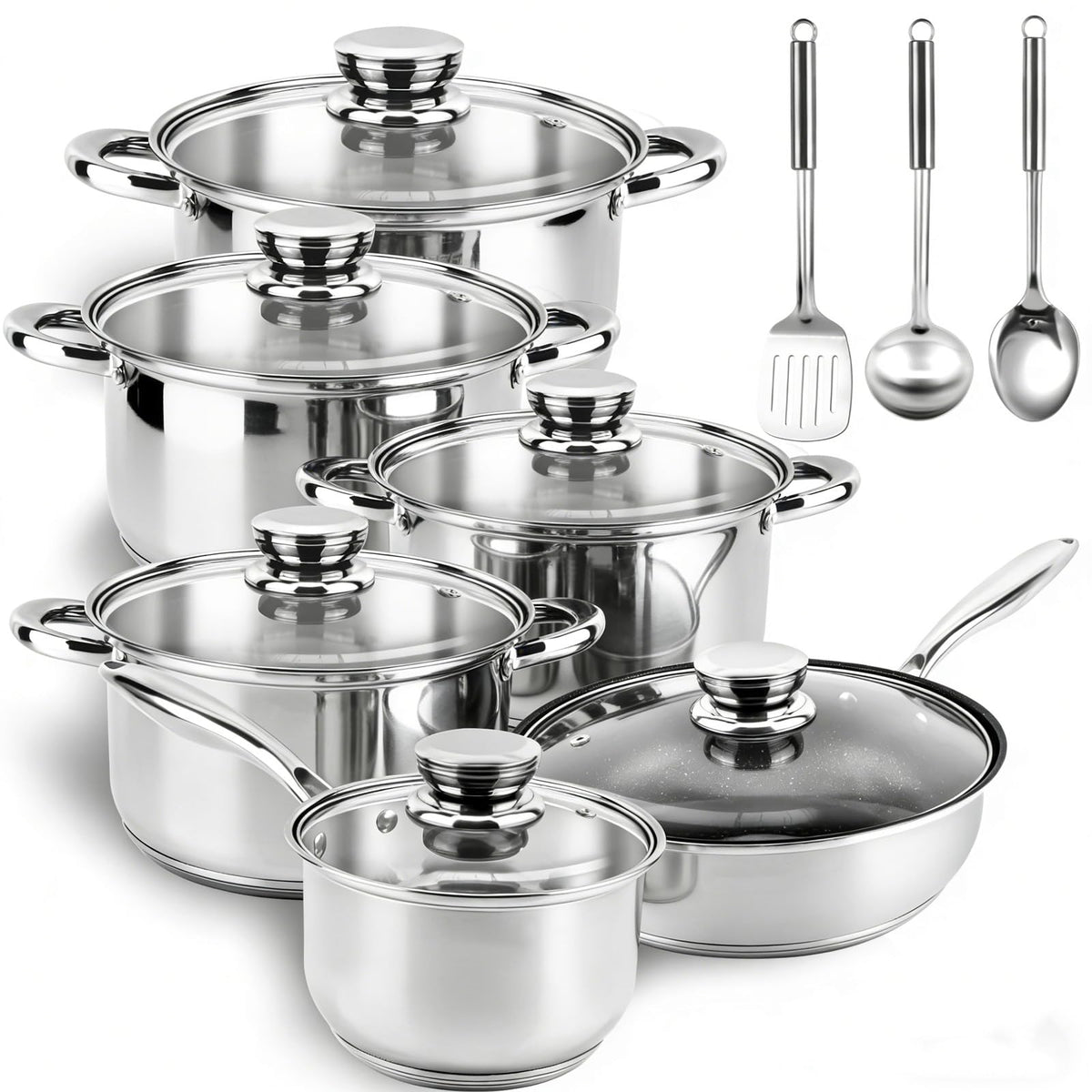 Colourcoco stainless steel cookware set wide shot showing a complete kitchen solution with even heating