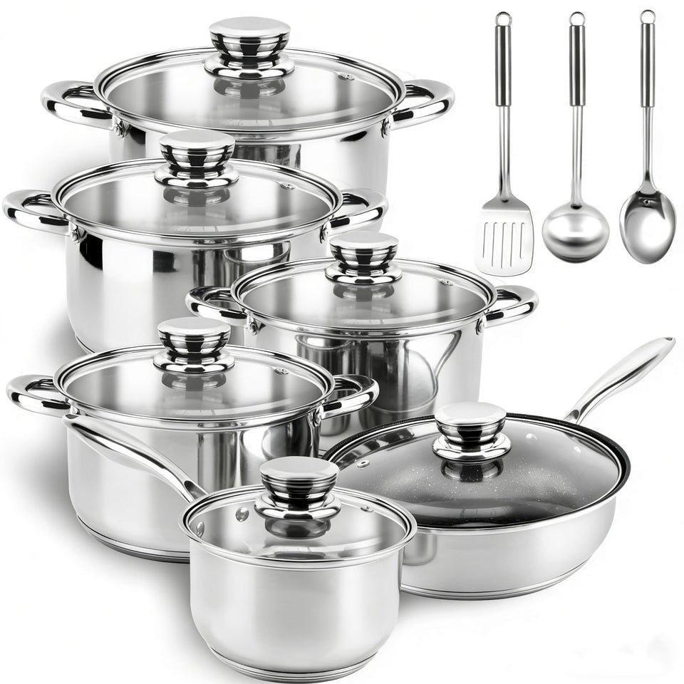 Colourcoco stainless steel cookware set wide shot showing a complete kitchen solution with even heating