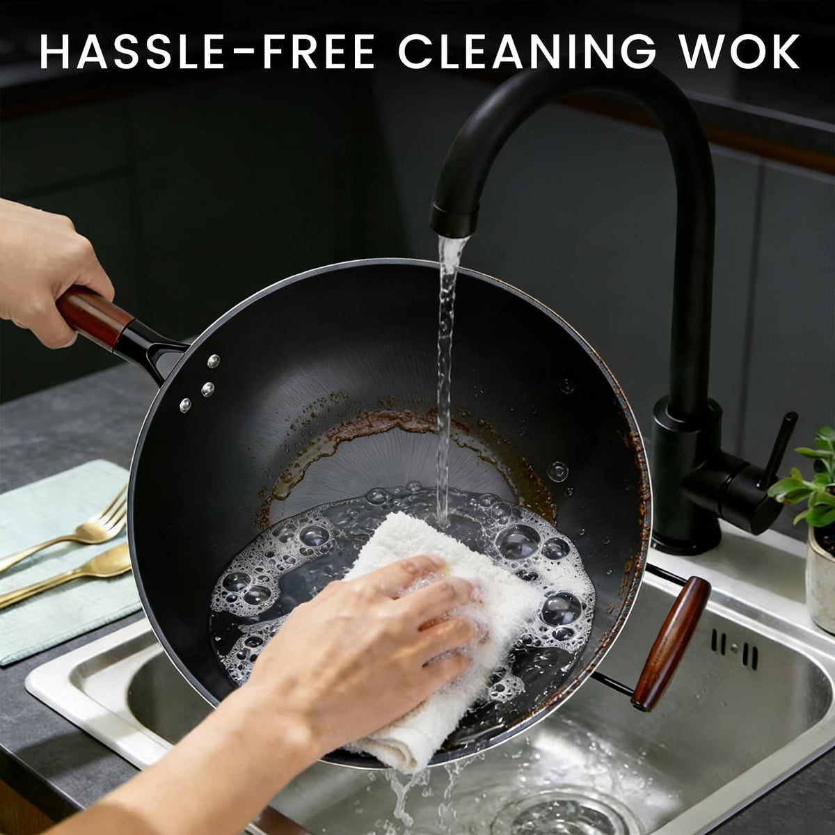 Colourcoco carbon steel wok easy to clean after rinsing.