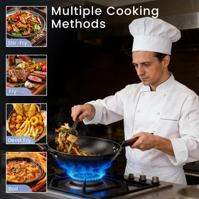 Colourcoco carbon steel wok works on all stoves for versatility.