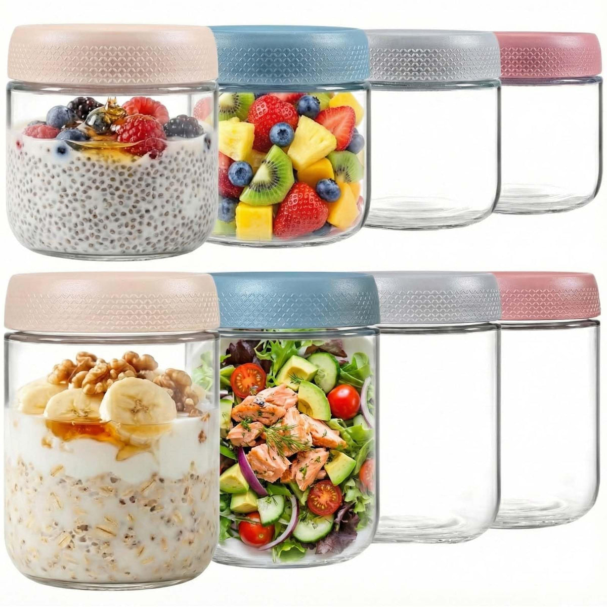 ColoVie 8-pack overnight oats containers with lids arranged for easy meal prep.