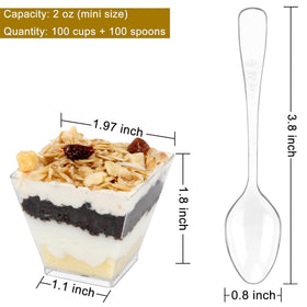 Colovis mini dessert cups with square top design are transparent and ideal for appetizers.