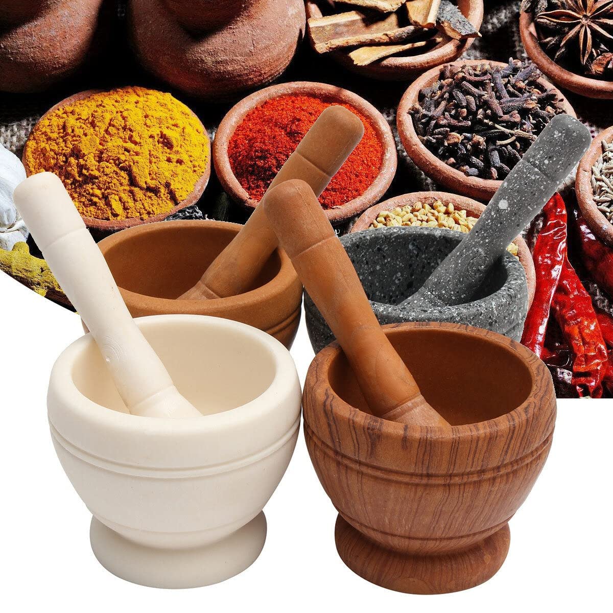 Comebuywide resin pestle and mortar in use for forming pastes and sauces.