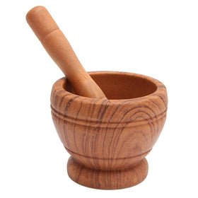 Comebuywide resin pestle and mortar set with wood grain finish for fresh spice grinding.