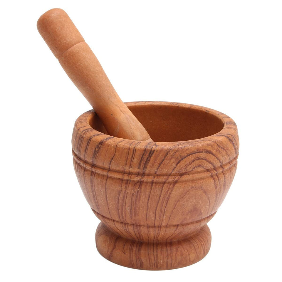 Comebuywide resin pestle and mortar set with wood grain finish for fresh spice grinding.