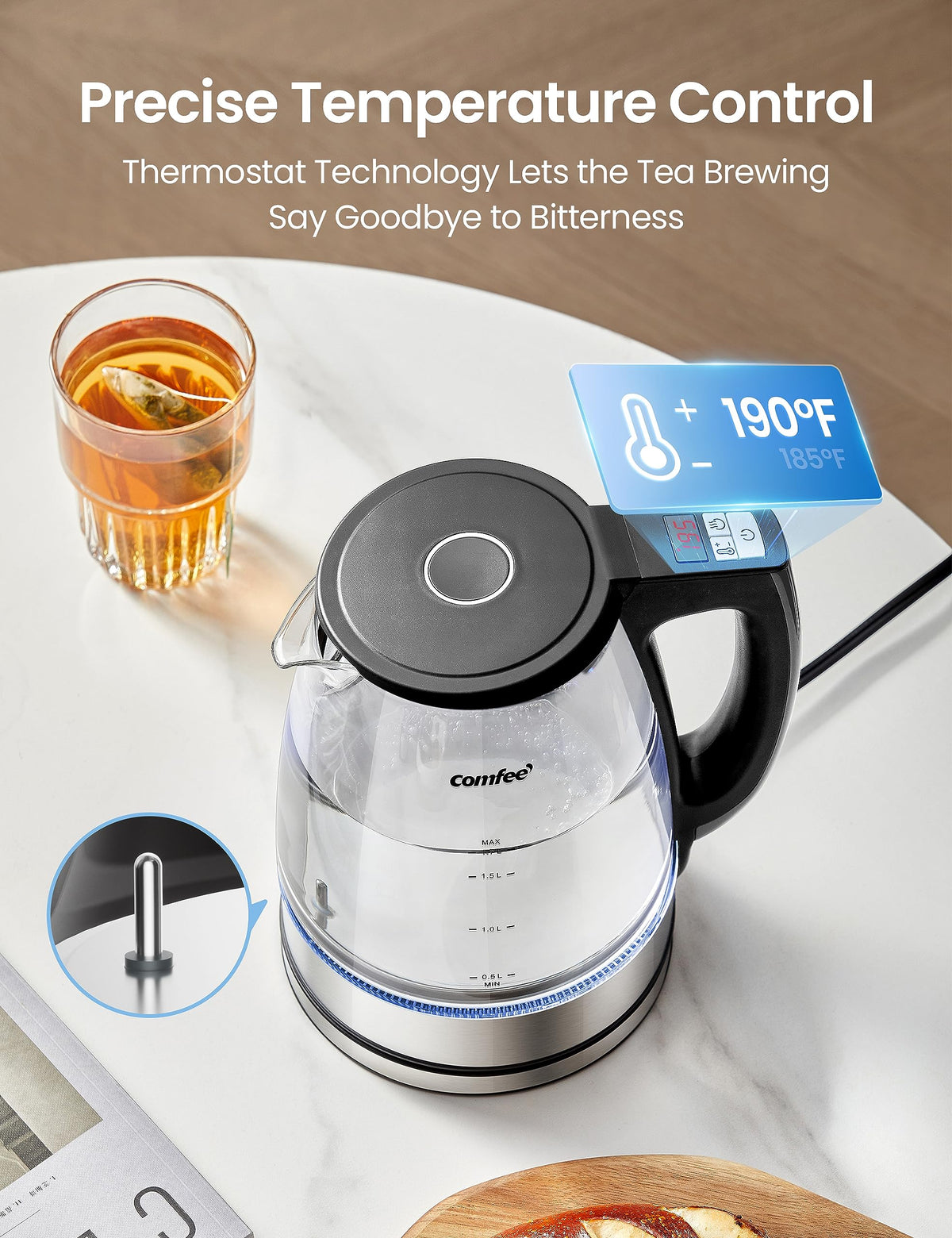 COMFEE' fast-boil feature heats water quickly for beverages