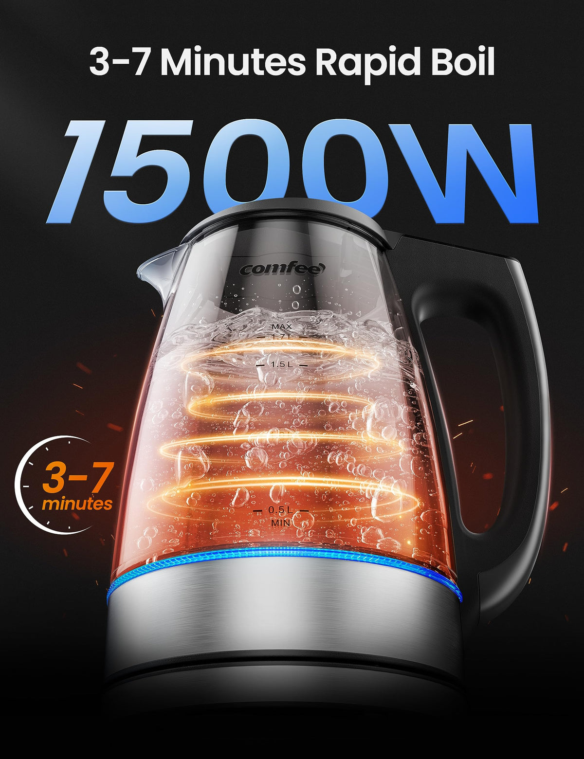 COMFEE' glass kettle with LED indicators showing active setting