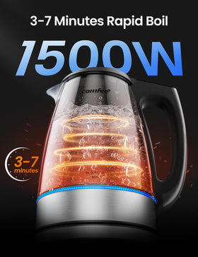COMFEE' glass kettle with LED indicators showing active setting