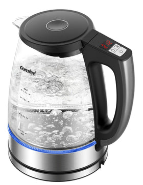 COMFEE' 1.7L glass kettle exterior view in a modern kitchen setting