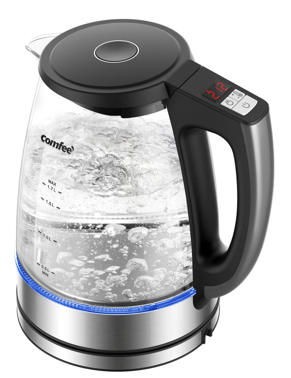 COMFEE' 1.7L glass kettle exterior view in a modern kitchen setting
