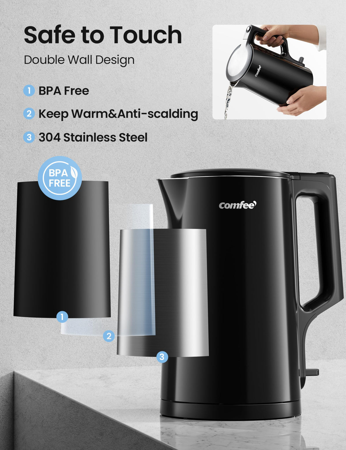 COMFEE' 1.7L rapid boil LED indicator shows water is ready