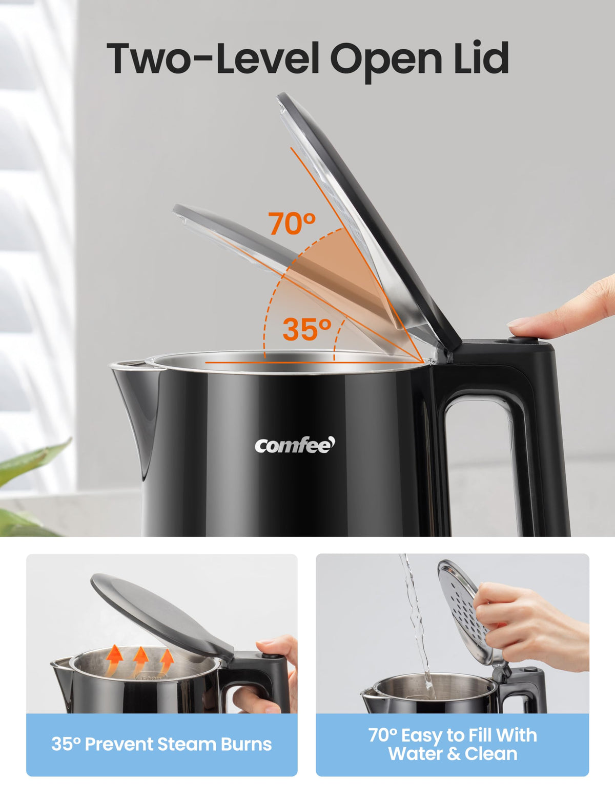 COMFEE' 1.7L two-level lid opened at 35° and 70° for safe pouring