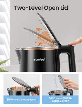 COMFEE' 1.7L two-level lid opened at 35° and 70° for safe pouring