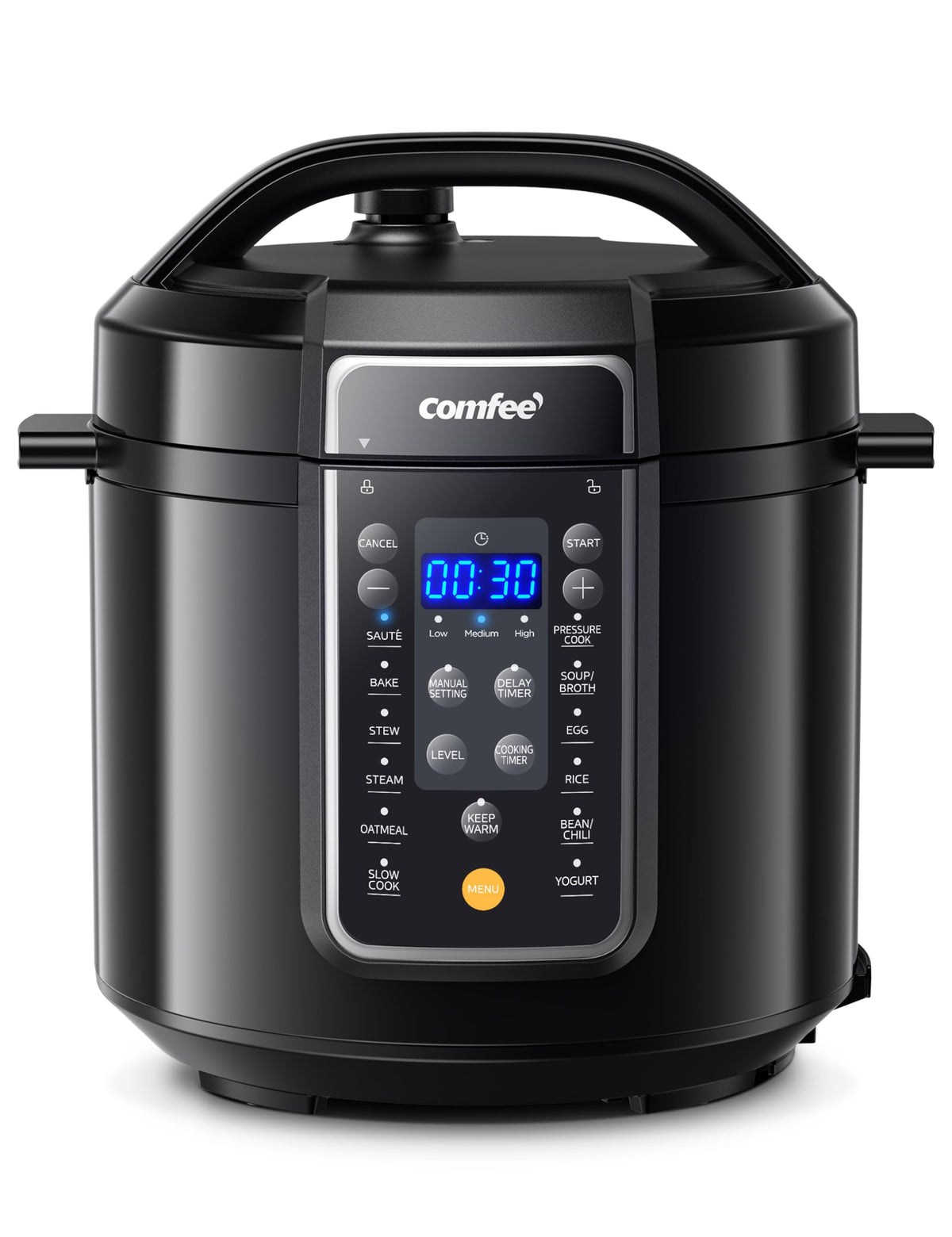 Comfee 12-in-1 electric pressure cooker front view, compact kitchen companion.