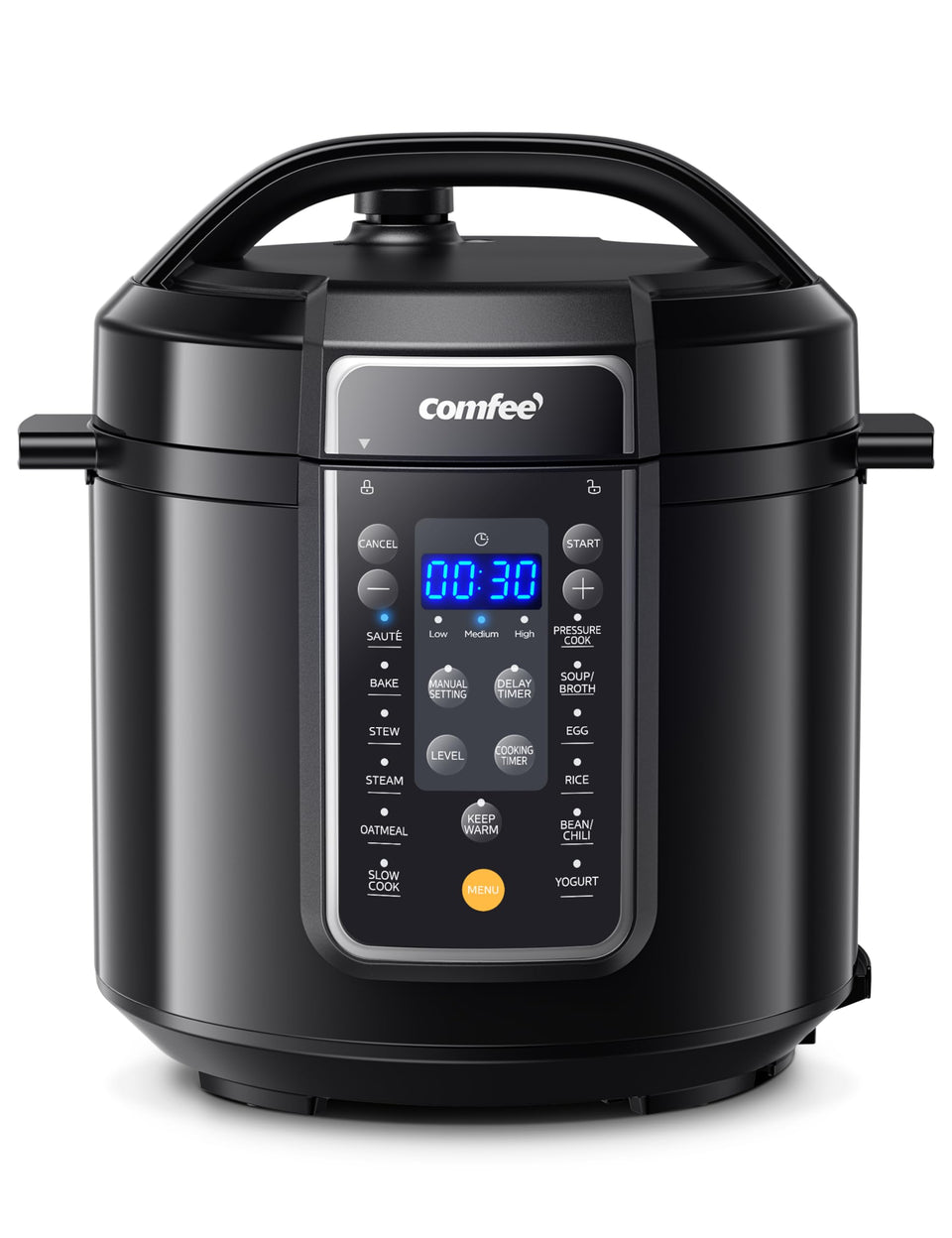 Comfee 12-in-1 electric pressure cooker front view, compact kitchen companion.