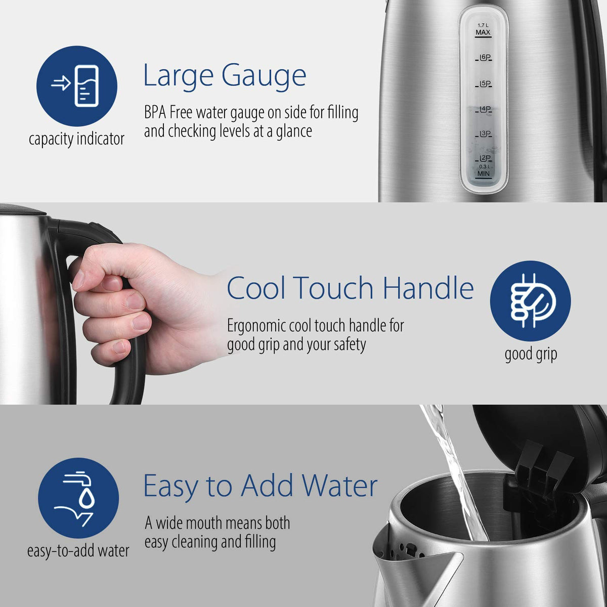 COMFEE' 1500W concealed heating element enables rapid boiling.
