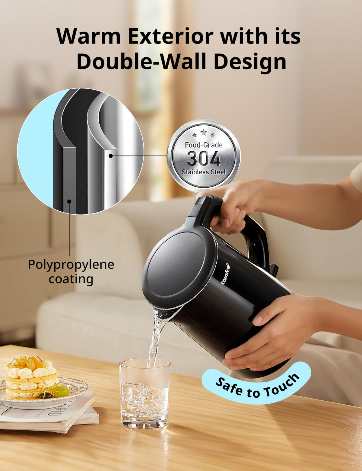 COMFEE' interior 304 stainless steel ensures water-taste purity with no plastic contact