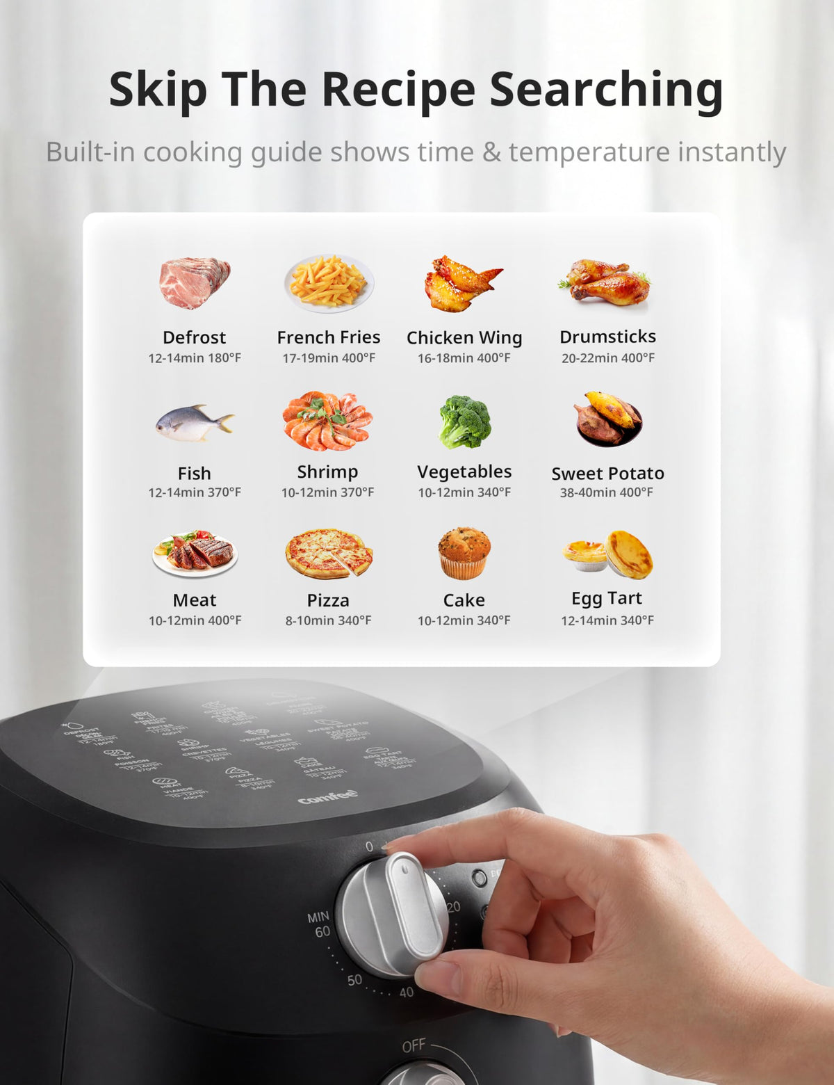COMFEE' air fryer 12 presets panel demonstrates easy time and temperature control.