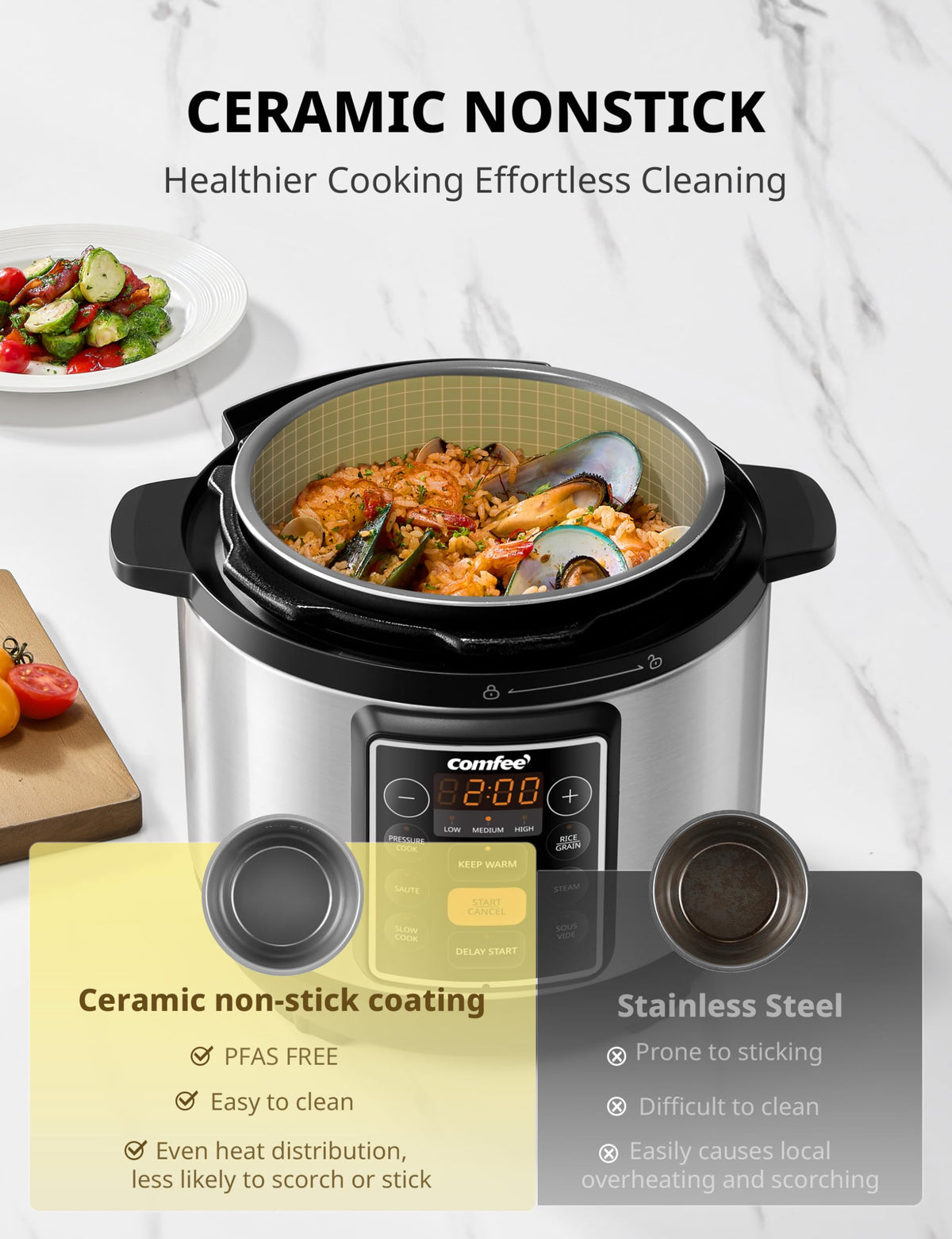 COMFEE' ceramic-coated pot delivers even heating and easy release.