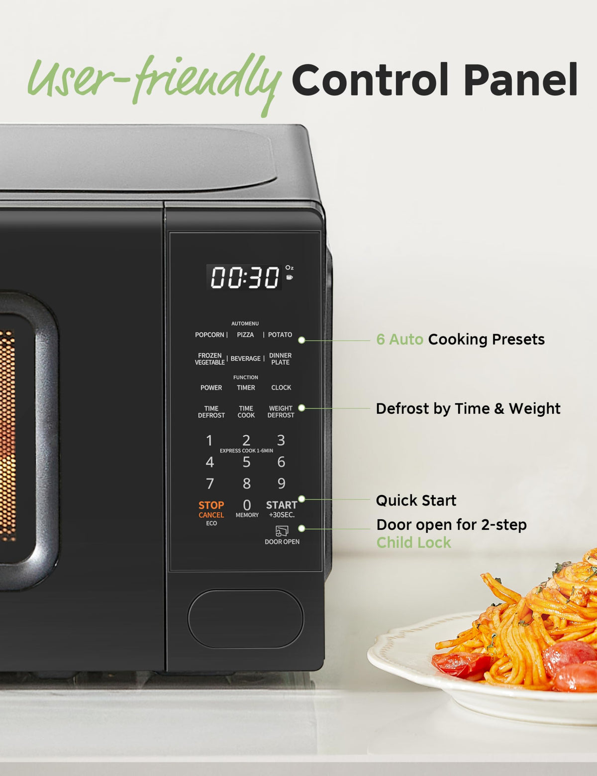 COMFEE CMO-C20M1WB digital display panel shows clock and timer for easy cooking.
